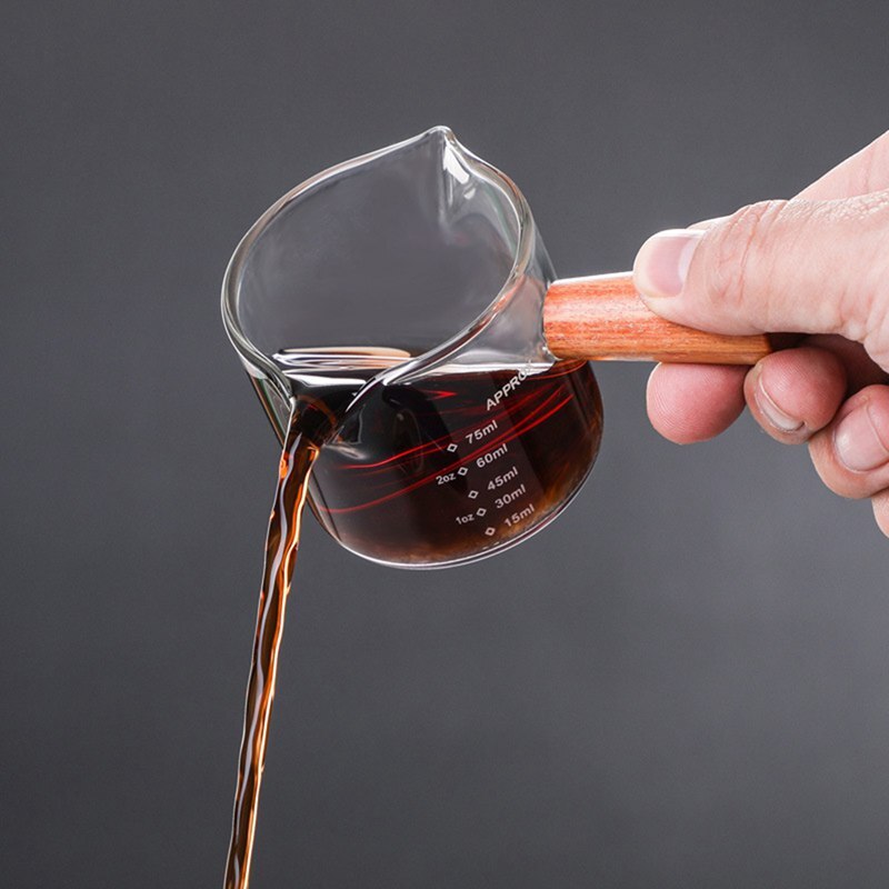 70/75ml hitzebeständigen Glas Espresso Messbecher Doppel Mund Glas Milch Krug Mit Holz Griff Glas skala Maßnahme Tassen