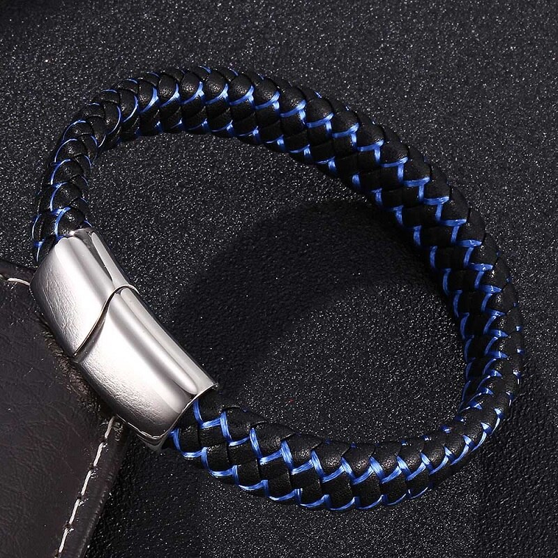 Casisto.J - Bracelet Homme En Cuir Véritable (noir, Bleu, Marron) - Fermeture Magnétique Acier - Cadeau élégant Avec Sac Offert - 5