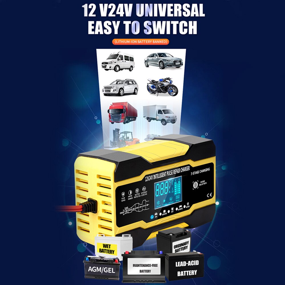 Chargeur de réparation d'impulsions de voiture 12V/5A 24V/10A, avec écran LCD, pour batterie de moto, automatique, intelligent, en 7 étapes, rapide