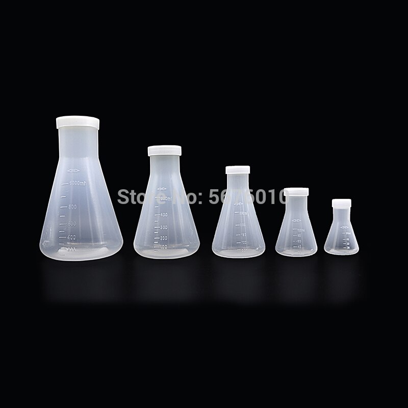 Frasco de plástico de laboratorio erlenmeyer, recipiente cónico con tapón de rosca, capacidad de 50ml, 100ml, 250ml, 500ml, 1000ml