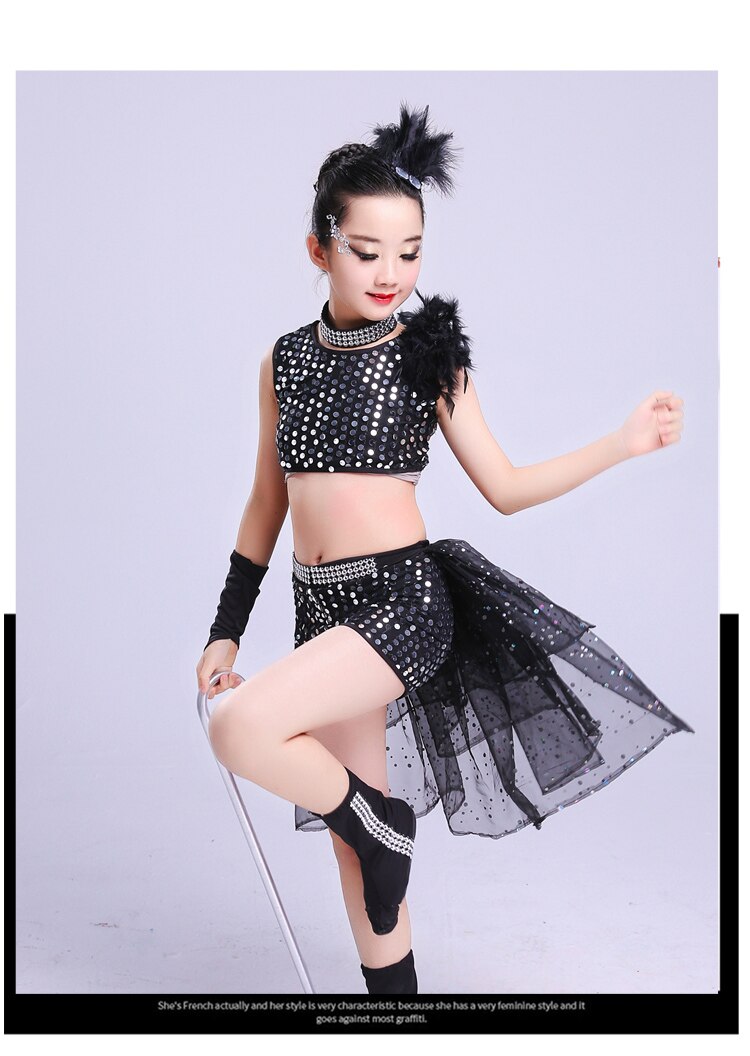 Trajes de baile de Jazz para niña, Ropa de baile para niña de Hip Hop, lentejuelas puesta en escena, trajes de Hip Hop negro