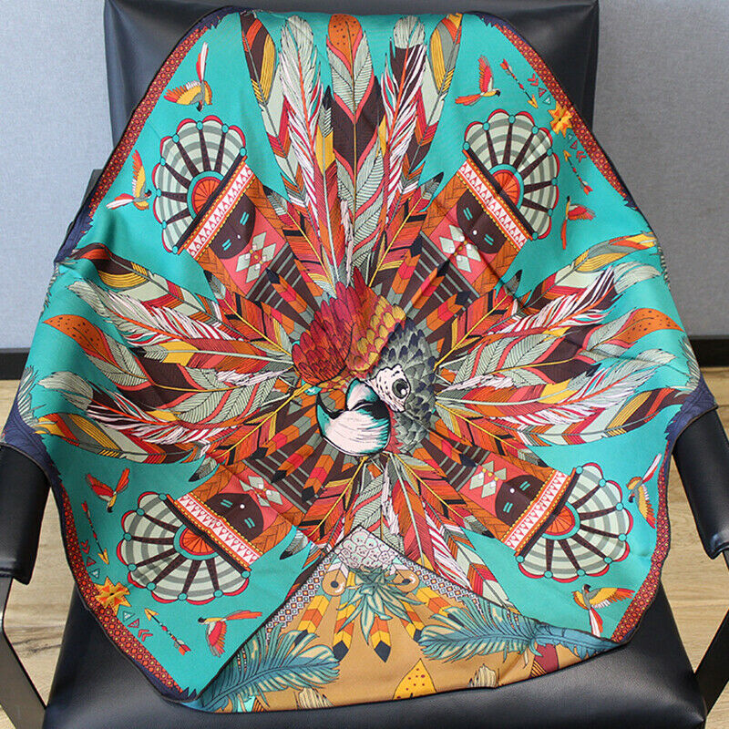 Foulard en soie sergé 100% pour hommes et femmes, 90x90cm, , Style Tribal aztèque, Double face, plume, châle, Hijab