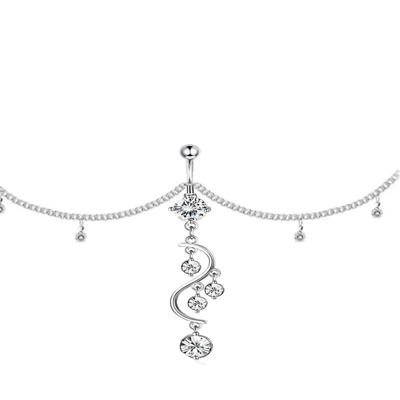 Sexy Dangle Rhinestone Piercing Navel Chain Belly Button Ring with Waist Chain Women Navel Piercing Body Jewelry: Rhodium Plated