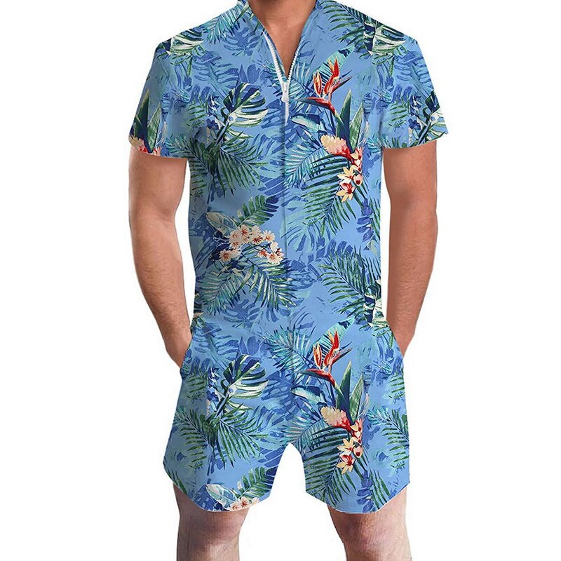 Mannen Jumpsuit Korte Mouw Sets Zomer Casual Button Jumpsuits Overalls Flamingo Pinapple Print Casual Kleding Mono Hombre