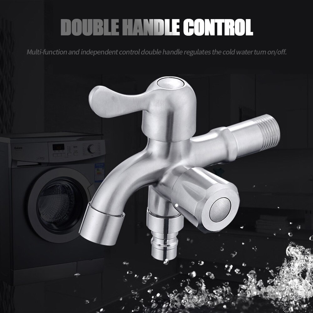 Washing Machine Faucets Double Handle Wall-Mounted Laundry Garden Kitchen Bathroom Sink Faucets Stainless Steel Water Tap