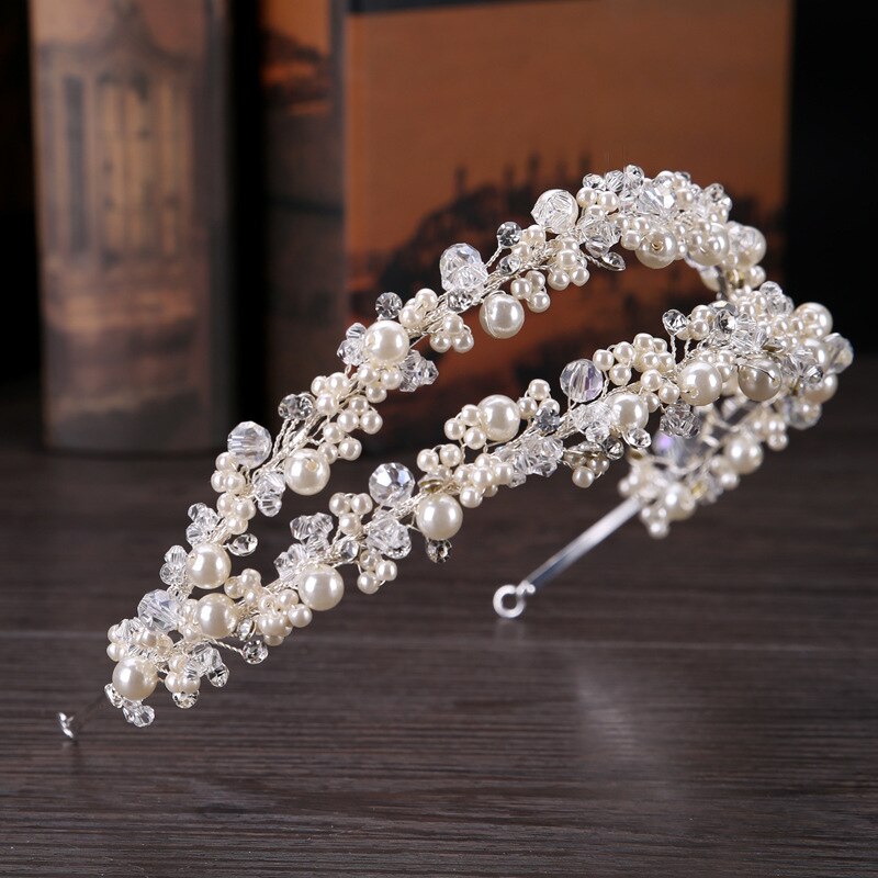 GETNOIVAS Women Double Row Pearl Crystal Beads Headband Hairband Tiara Princess Bridal Wedding Crown Hair Jewelry Accessories SL