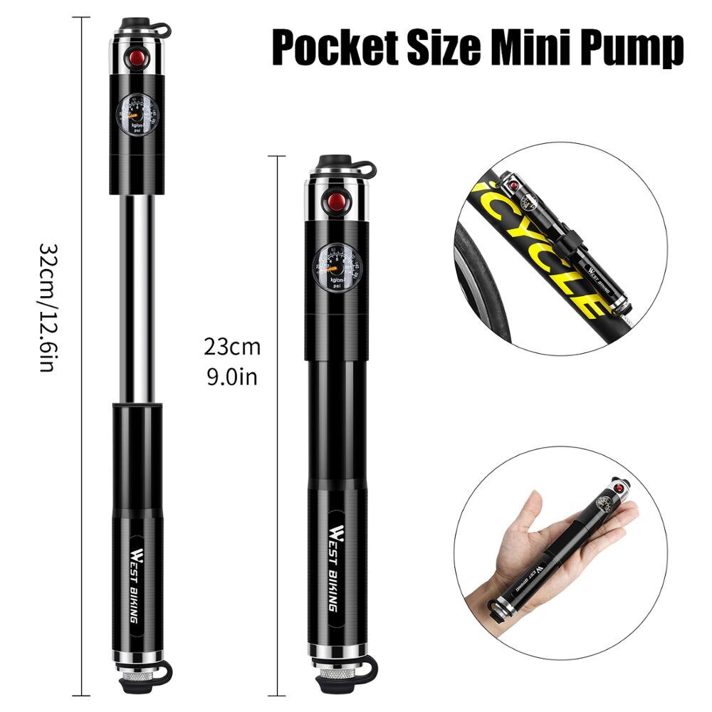 WEST BIKING Portable Bike Pump Gauge High Pressure Hand Pump Inflador Bicicleta Bike Accessories Schrader & Presta Bicycle Pump