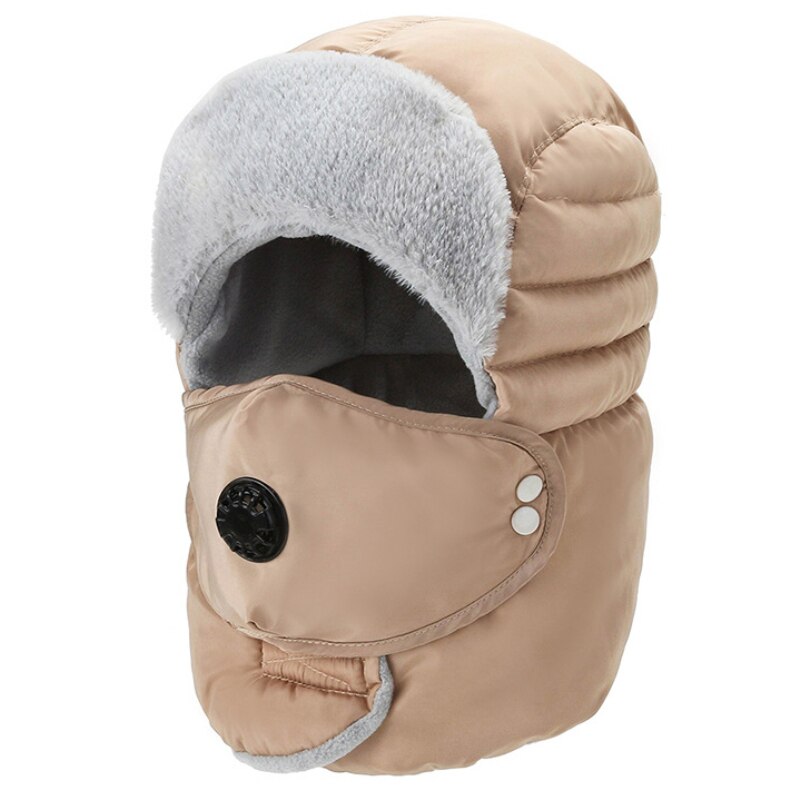 Bomber Hat Men Women Winter Hat with Mask Thick Warm Russian Hat Windproof Earflap Trapper Cap Unisex Snow Ski Fur Hat: khaki