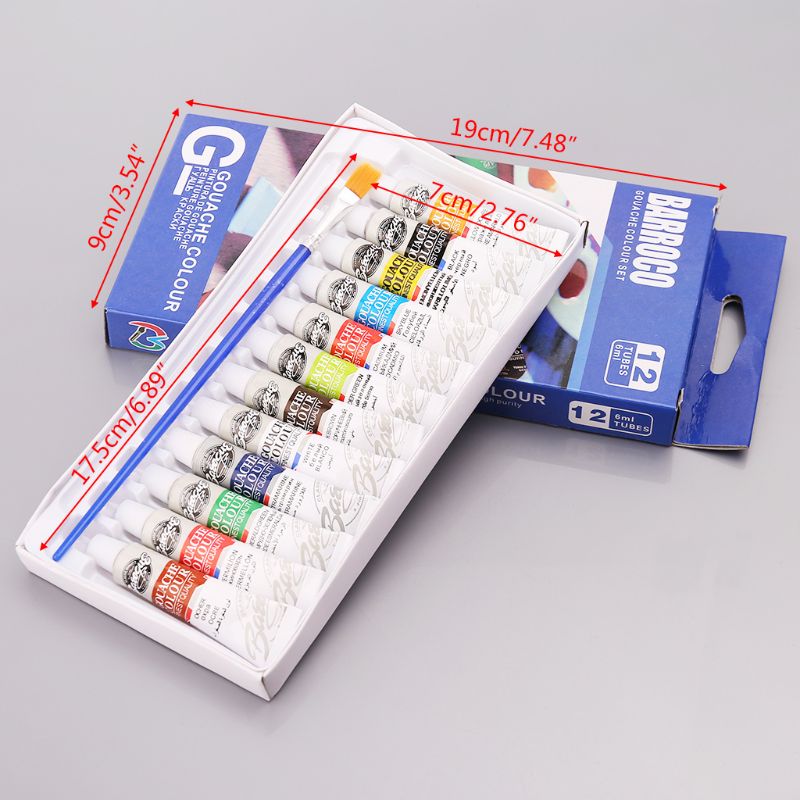 Lot de Tubes de peinture Gouache, 12 couleurs, 6ml, peinture à dessin, peinture pigmentée avec pinceau,