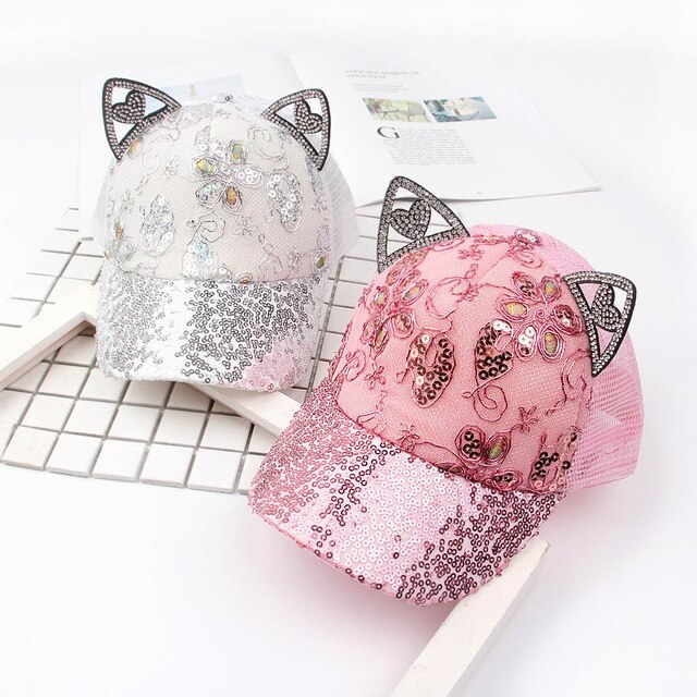 Gorra de béisbol con orejas de gato para niños, gorro de béisbol con orejas chica, visera con lentejuelas, temporada primavera