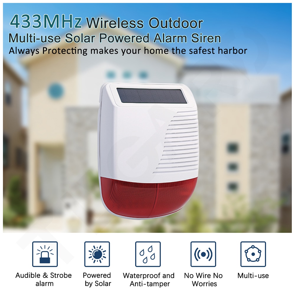 TUGARD SN40 433MHz Wireless Outdoor Solar Siren Light Flash Strobe Waterproof Alarm Siren for Home Security Burglar Alarm System