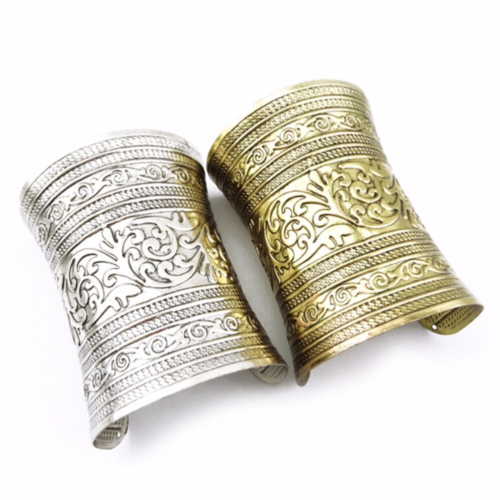 1 Pc Vintage Metal Cuff Curved Bangle Fashon Punk Women Metallic Gothic Long Wide Bracelet Adjust For Lady Girl