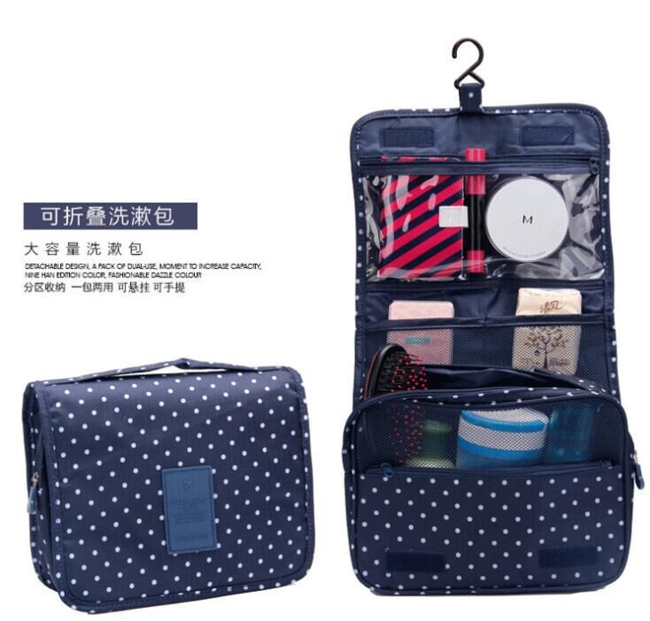Travel Cosmetic Handbag Women Makeup Bag Toiletries Organizer Waterproof Storag Hanging Bathroom Wash Bags: Dot Navy