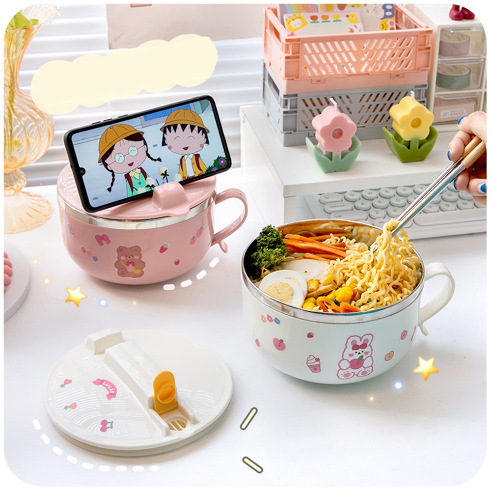 Boîte à déjeuner japonaise Kawaii, bol à nouilles instantanées avec couvercle poignée, boîte à Bento en acier inoxydable 304 1 pièce