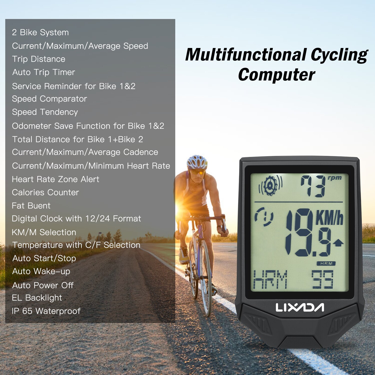 Lixada 3-in-1 Multifunctional Cycling Wireless Computer Cadence and Heart Rate Sensor Rainproof Backlight LCD Cycling Computer