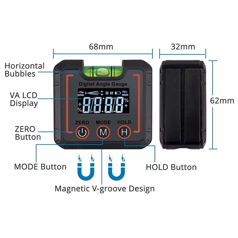 Digital Angle Finder netic & Level Bubble Vial 490 Degree Angle Gauge Inclinometer Protractor Upgraded VA LCD Display