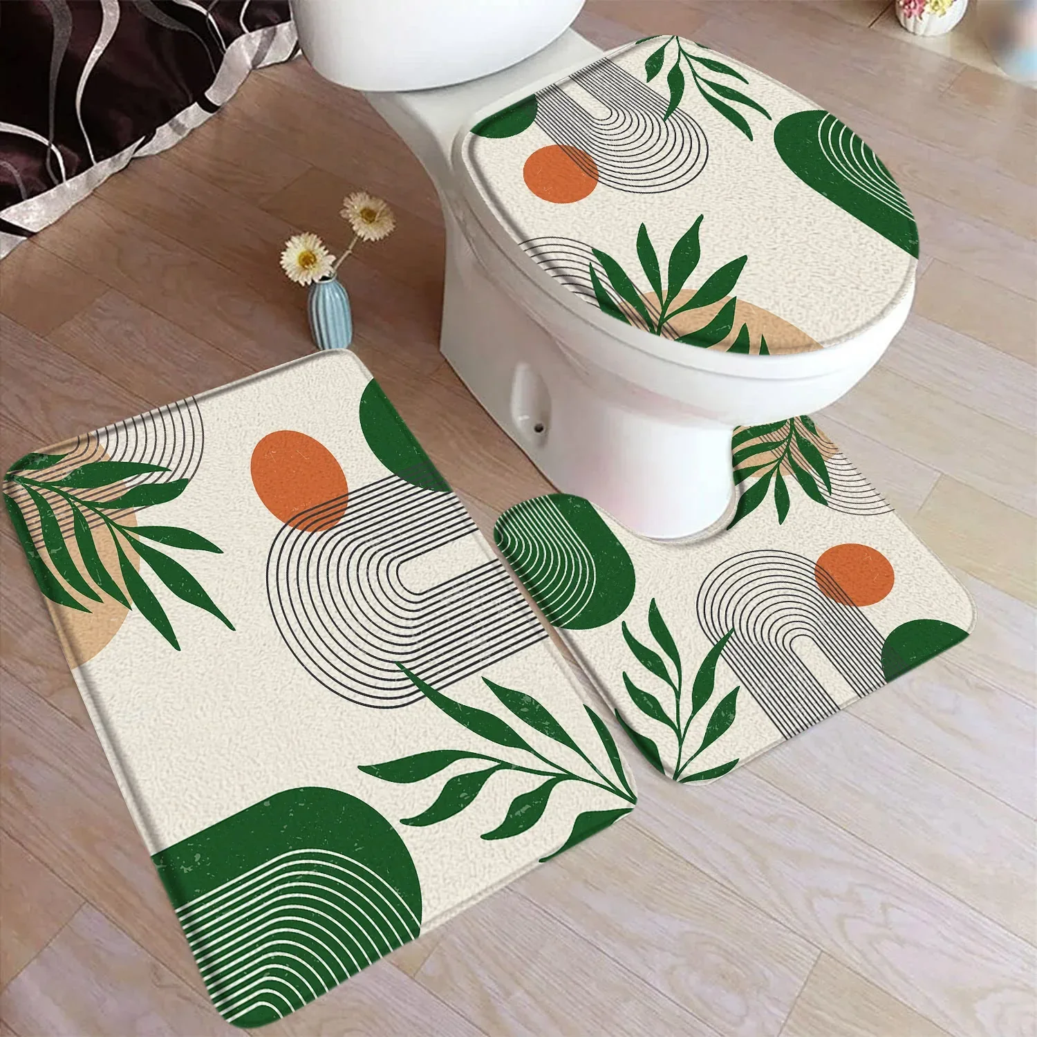 Abstrakt bademattesett fra midten av århundret svart linje grønt blad moderne geometrisk boho hjem teppe baderomsinnredning gulvtepper toaletttrekk: Grønn