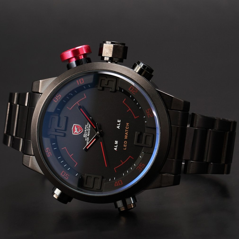 SH2309 Men Sports Outdoor Steel Band IP Watch Quartz Double Display Watch Wristwatch Sports Wristwatch for Outdoor Wear