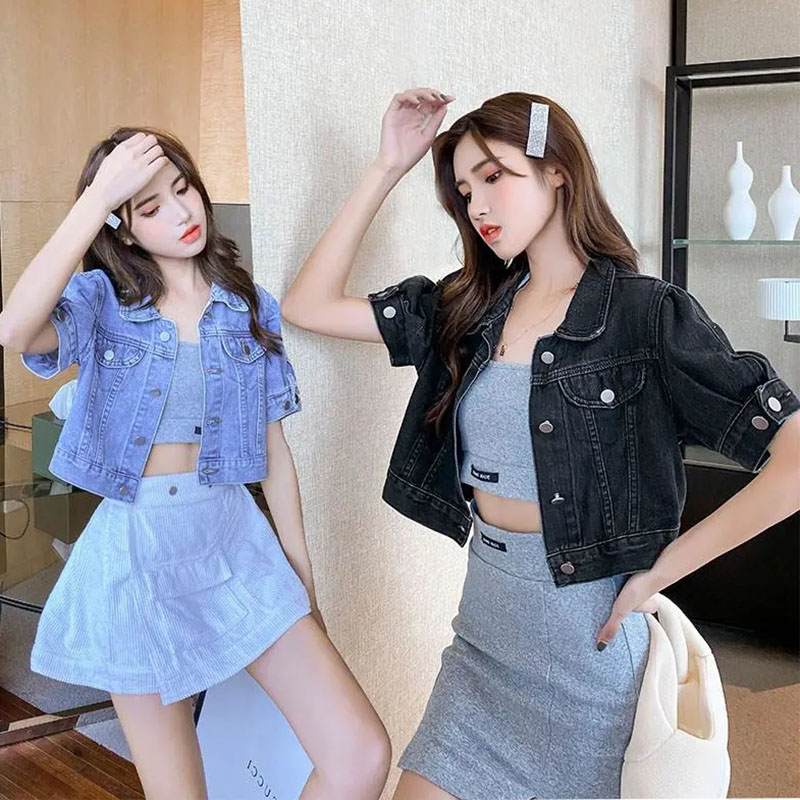 Lucyever cropped denimjakke kvinder sommer koreansk kortærmet overtøj dame knapper turndown krave jeanfrakke
