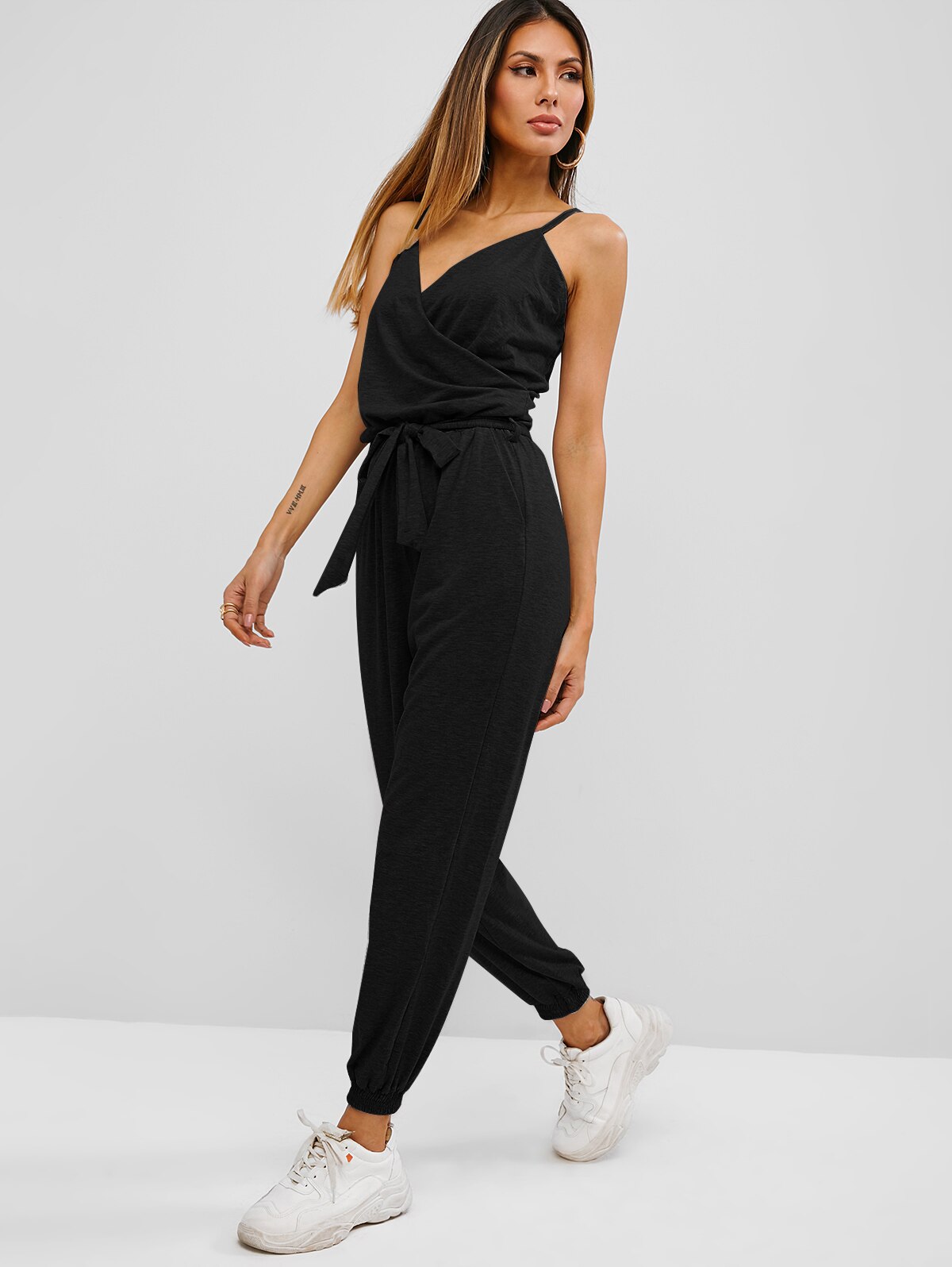 ZAFUL Women Jumpsuits Rompers Cami Belted Surplice Jogger Jumpsuit Solid V-Neck Loose Overalls Pants Casual Wear: Black / S