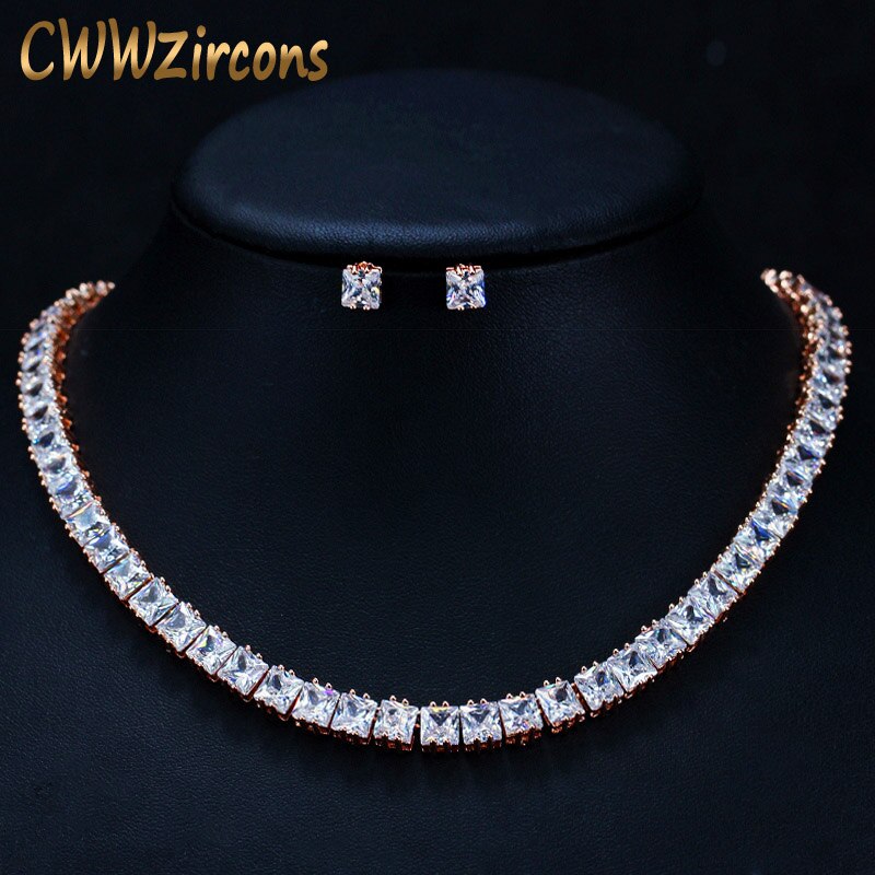 CWWZircons Classic Princess Cut Zirconia Stones Rose Gold Bridal Choker Ketting Sieraden Set voor Vrouwen Wedding Party T202: Default Title