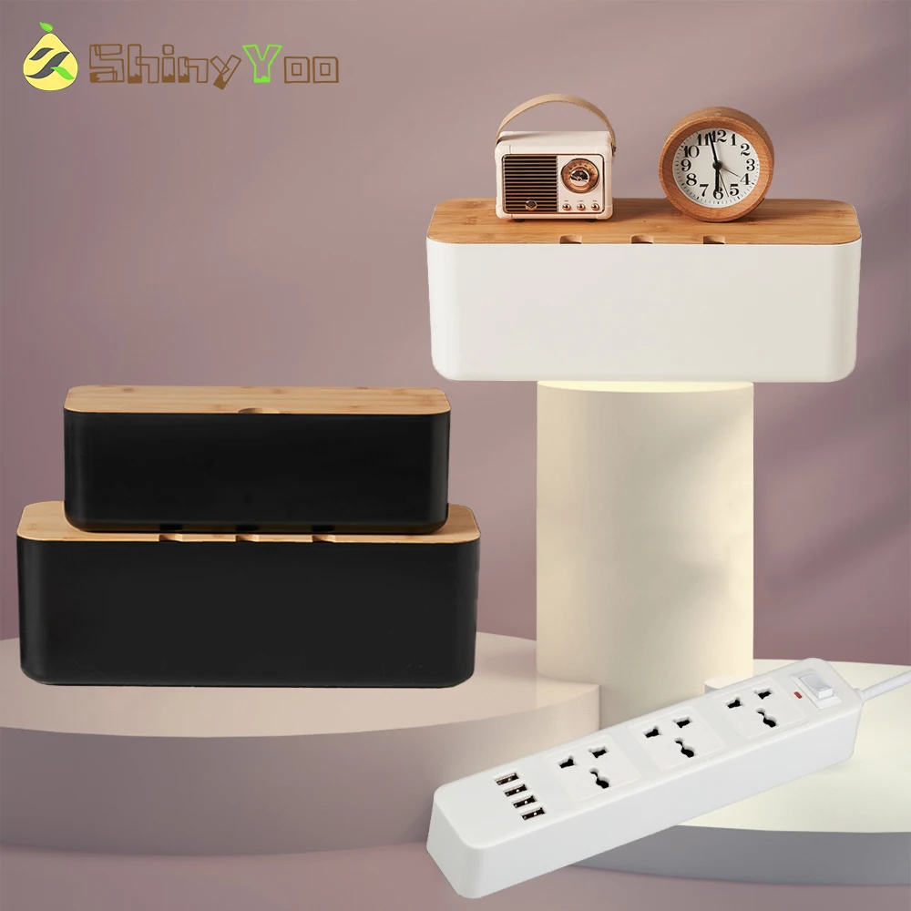Caja de gestión de cables, caja de almacenamiento de tablero de conexiones de cables con cubierta de bambú, ocultar cables y regletas eléctricas, caja organizadora de cables para computadora de escritorio