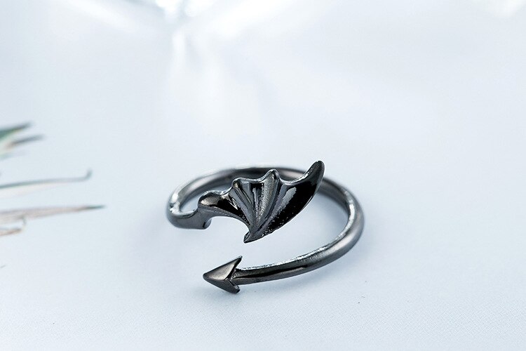 Sole Memory Devil Wings, bonito carácter de personalidad, Plata de Ley 925, anillos de apertura de tamaño variable para mujer, SRI268: Black