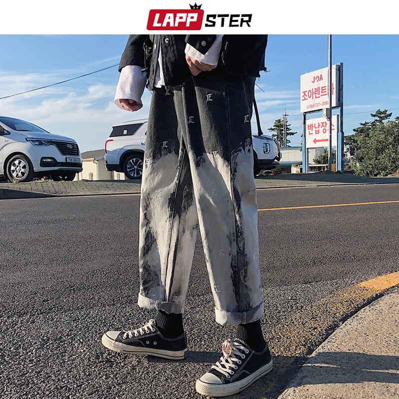 LAPPSTER Men Korean Gradient Black Jeans Mens Embroidery Streetwear Baggy Denim Pants Male Hip Hop Wide Leg Harem Pants INS