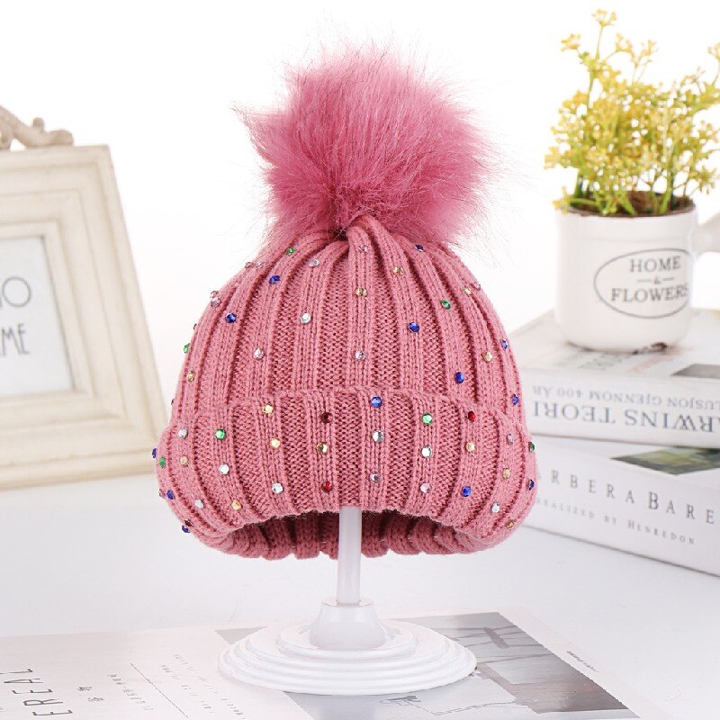 Dziecko zima ciepła czapka dzieci maluch czapki robione na drutach niemowlę czapka z pomponem diament chłopiec dziewczyny szydełkowa czapka dzieci słodkie czapki robić włosów: skórzany różowy