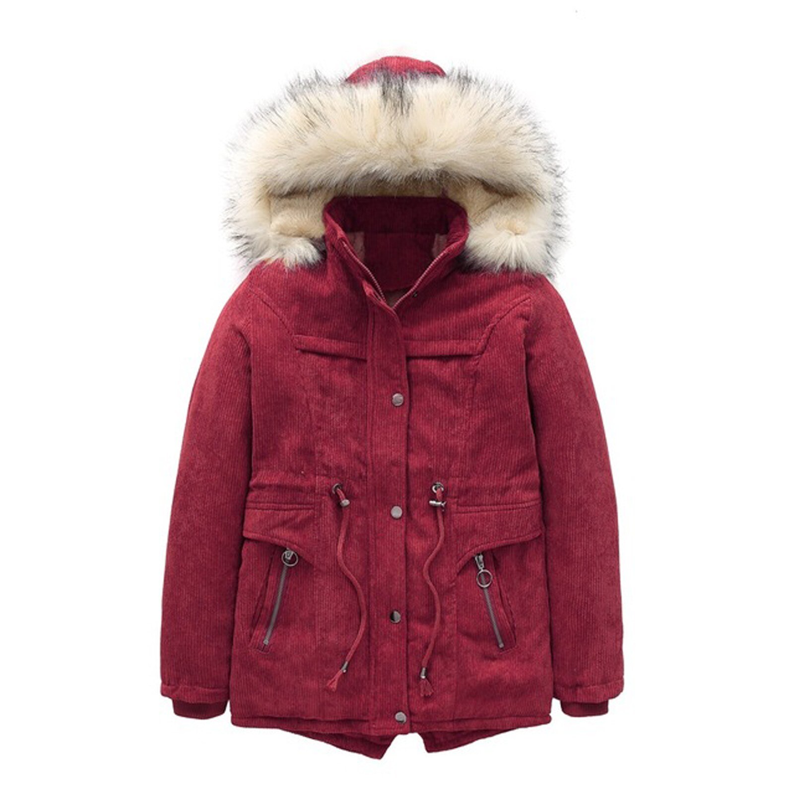 Hiver enfants couleur unie velours côtelé à capuche veste à glissière cordon veste vêtements en plein air hiver cyclisme Ski vêtements: Rouge / XXL