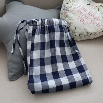 Long Pants Men Spring Summer 100% Cotton Gauze Loose Pajama Pants Thin Double layer Gauze Lounge Trousers: Blue white Plaid / XL