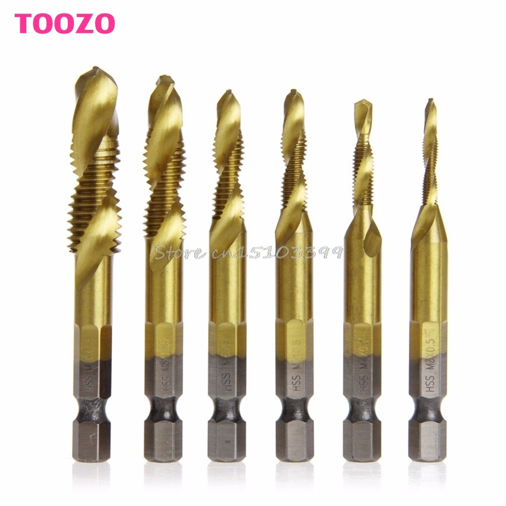 6 Stks/set HSS4241 Titanium Coated Boren Hex Shank Spiral Tap M3-M10 G08 Rental &