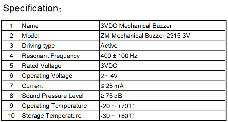 3VDC 400Hz Mechanical Buzzer