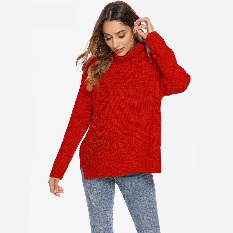 Winter Pullover Sweater Oversized Tops High Neck Long Sleeve Knitted Sweaters: L / Red