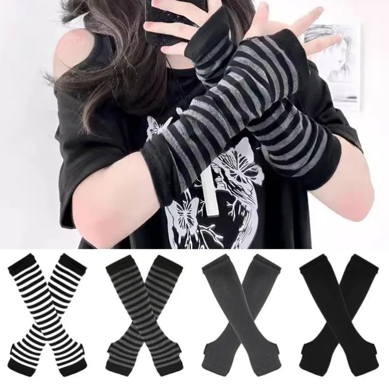 Gant gothique Lolita pour femmes et hommes, couvre-bras, Harajuku, chauffe-bras rayé, sans doigts, Punk, Long bracelet, Y2K, gants pour filles
