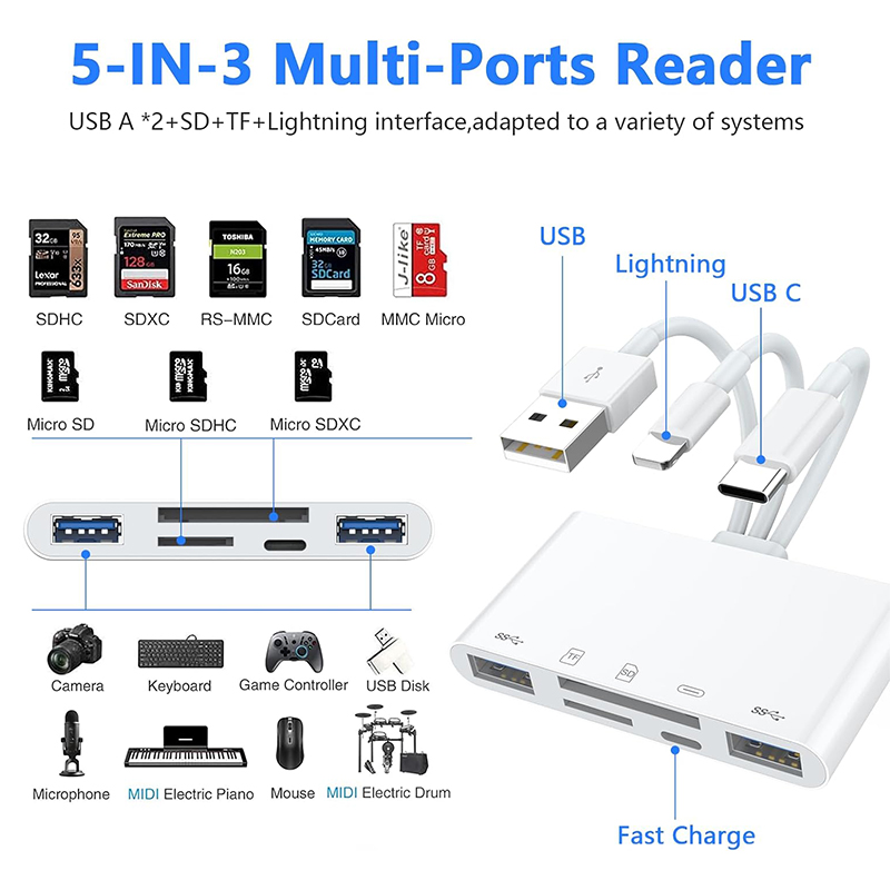 8 in 1 SD-kaartlezer USB HUB voor iPhone iPad MacBook Lightning/USB/Type C naar SD TF-kaart Geheugenlezer Flash Drive OTG-adapter