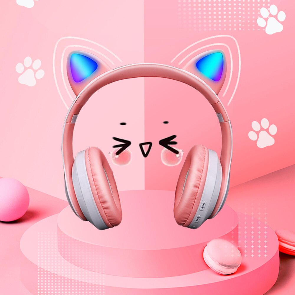 Różowe słodkie kocie uszy bezprzewodowe słuchawki zestaw słuchawkowy zgodny z Bluetooth Stereofoniczne składane słuchawki z mikrofonem muzyka prezent dla dziewczynki