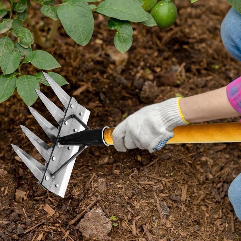 Herramientas de deshierbe agrícola, rastrillo de cinco dientes de acero al manganeso multifuncional desmontable completo