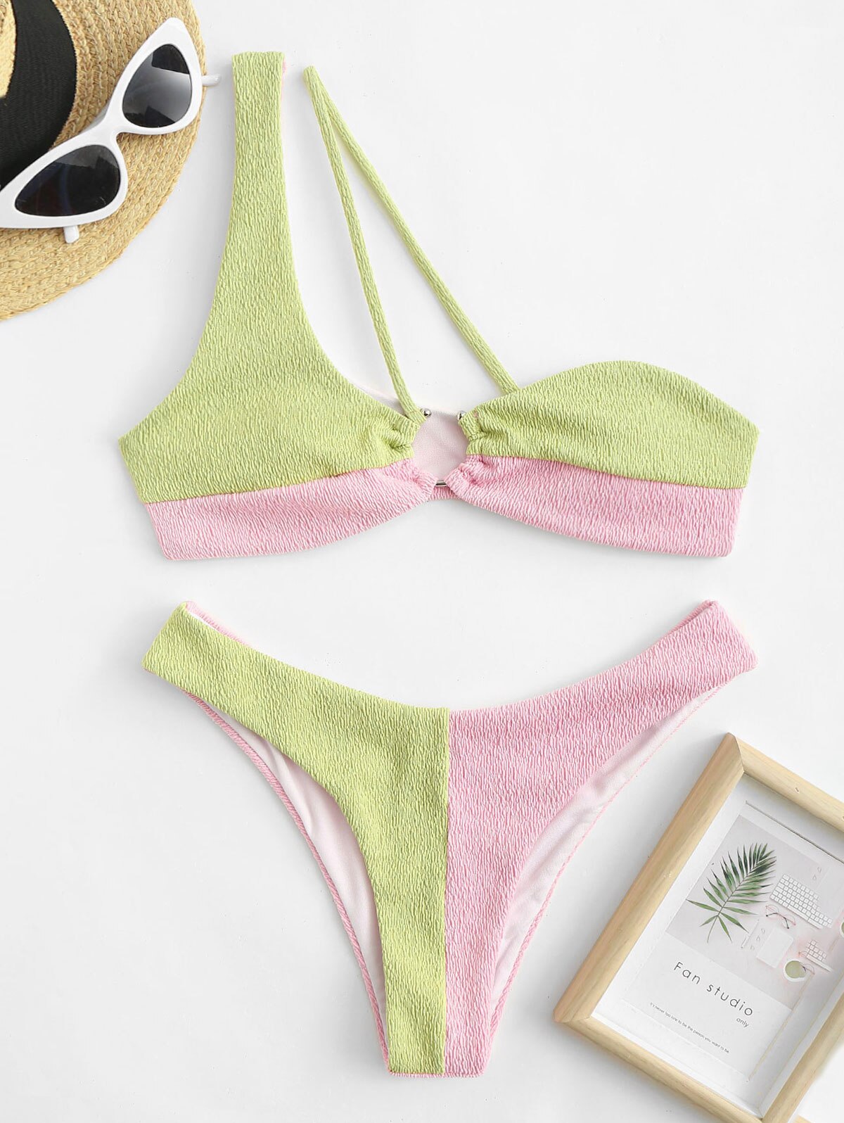 Zaful-Bikini de dos piezas para mujer, traje de baño de dos piezas con textura y un hombro, Bikini Bicolor, ropa de playa: Multi / L