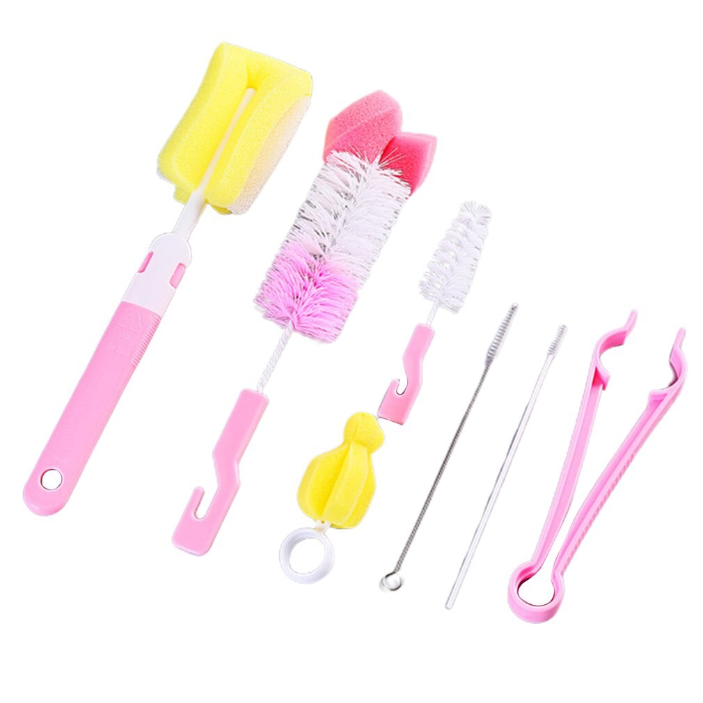 Sept pièces bébé biberon brosse bouteille nettoyage brosse éponge mamelon brosse acier inoxydable paille brosse bouteille brosse: Rose