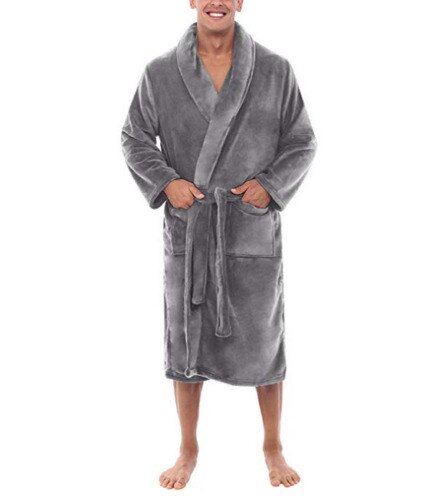 Hommes hiver Robes épais allongé en peluche châle peignoir Kimono maison vêtements à manches longues Robe manteau peignoir homme: Gris / XXL