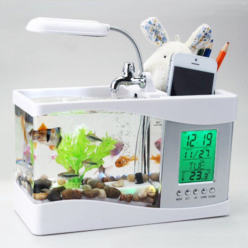 1PCDC 5V USB Schreibtisch Mini Aquarium Aquarium LCD Timer Uhr LED Lampe Licht Schwarz Farbe 24*10*14cm: Weiß
