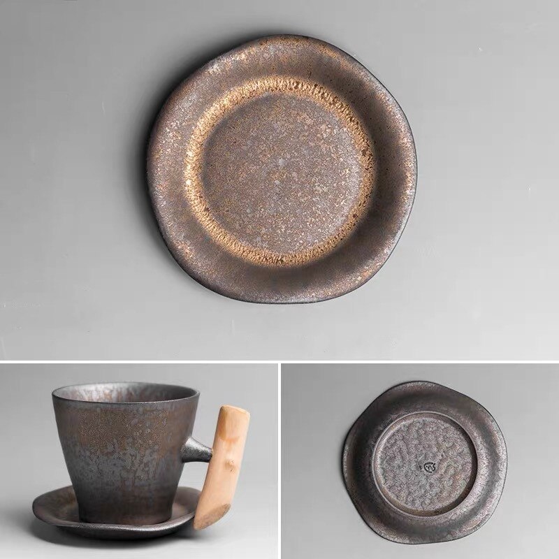 Japansk stil keramisk kontor te krus vintage vand kop retro kaffemælk med træhåndtag drinkware: Sæt  -1b