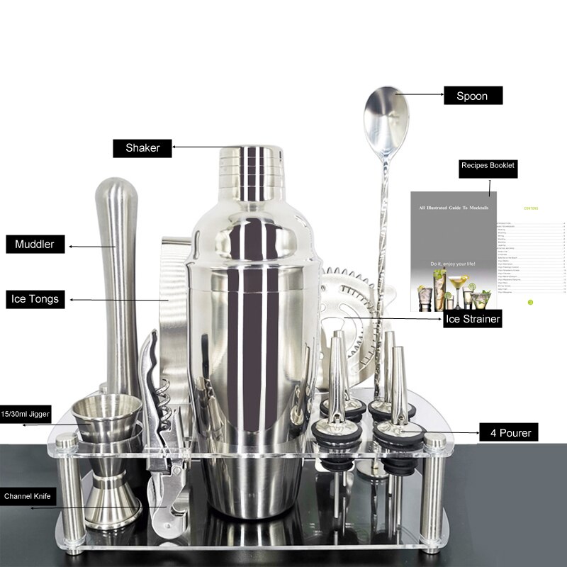 1-13 Pieces Cocktail Shaker Set Bartender Kit Stainless Steel Martini Mixer, Muddler, Spoon, jigger, 4 pourers, Recipes Booklet