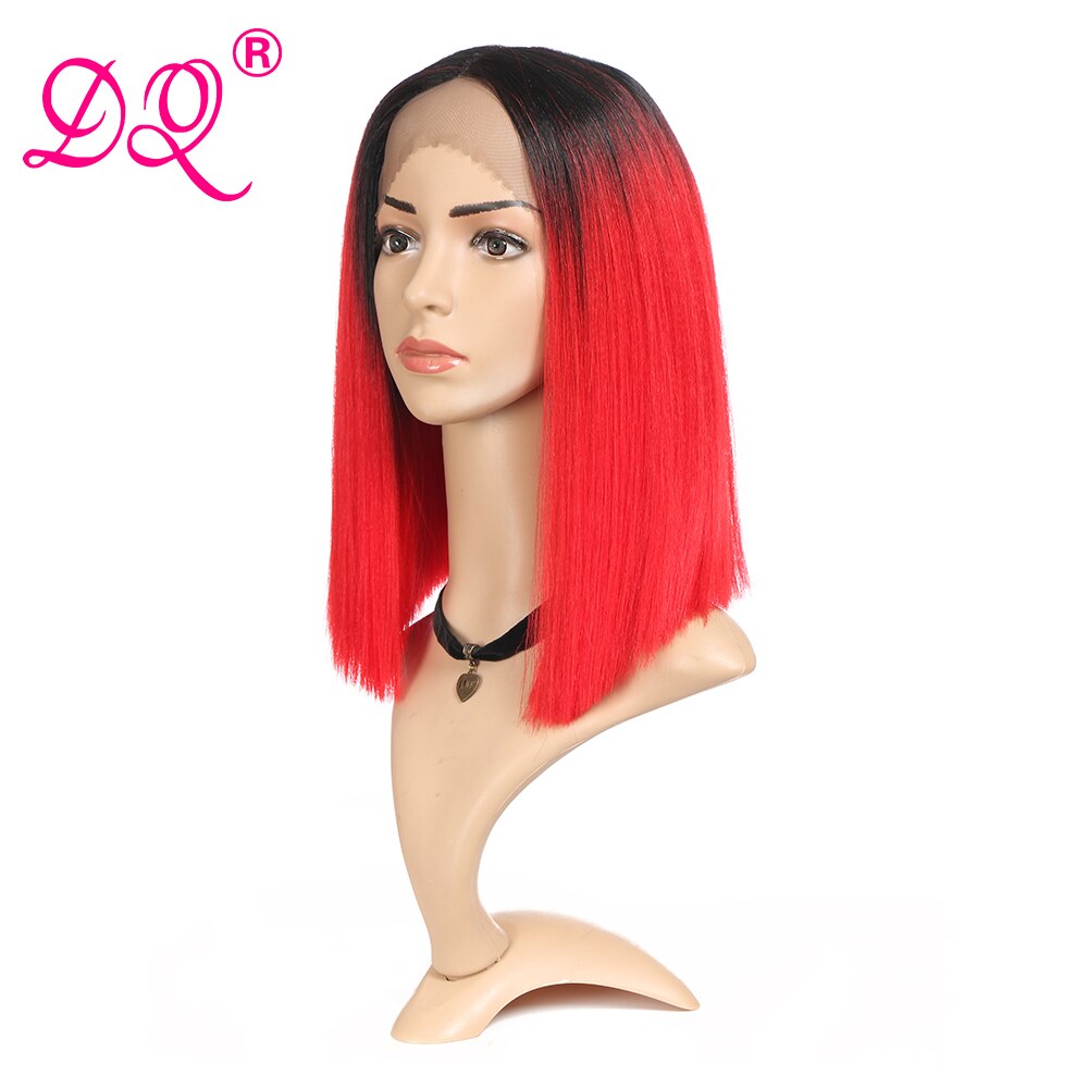 Dq Rechte Synthetische Lace Front Pruik Cosplay Pruik Korte Bob Pruik Ombre Zwart Rode Pruik Voor Vrouwen Midden Deel Warmte slip Fiber