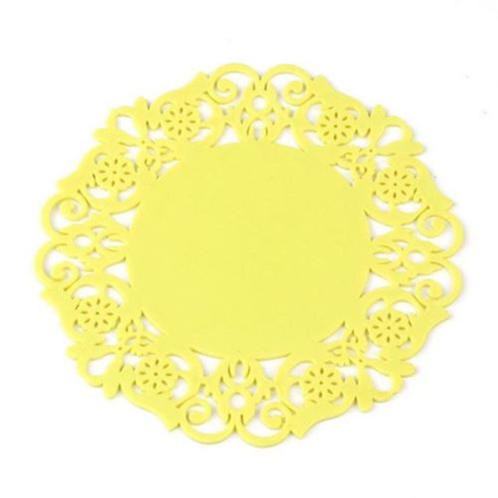 Hollow Lace Flower Round Silicone Coaster Heat Resistant Table Cups Pads FP8: YELLOW