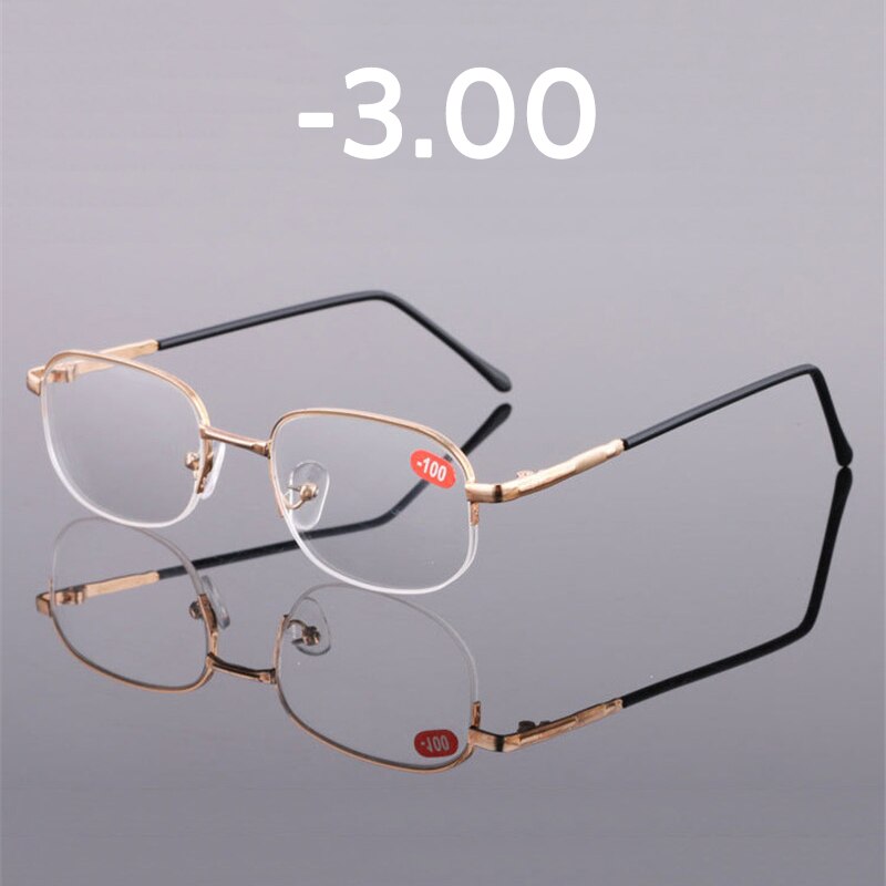 Elbru firkantet metal færdigt nærsynethed briller til mænd kvinder guld halv ramme kortsigtede briller diopter  -1.0 1.5 2.0 2.5 3 3.5: -3.00