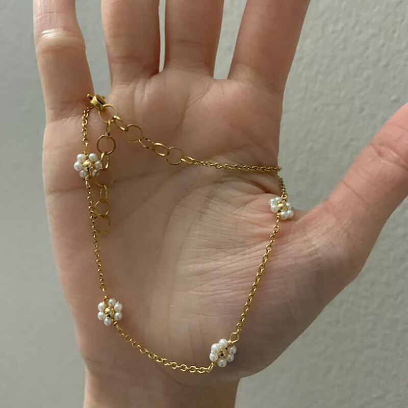 Handmade pearl daisy necklace for women, simulated pearl choker pendant necklaces, collar chain, vintage jewelry, bijoux