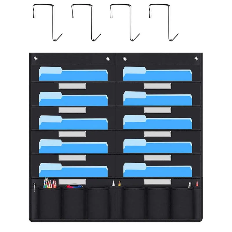 Black Hanging File Organizer with 20 Pocket Wall Storage Pocket Charts with 4 Hook for File Folders School Mailbox Office Papers