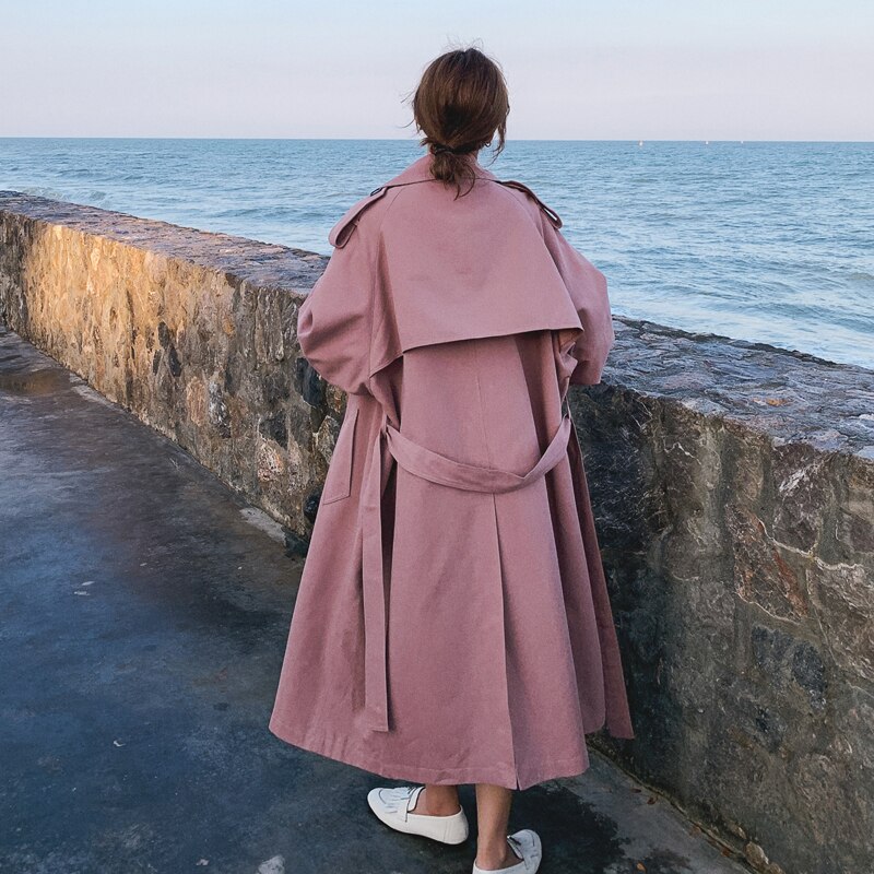 Pink khaki kvinder trenchcoat dobbeltbrystet langbæltet vindjakke med flapper forår efterår kappe overtøj